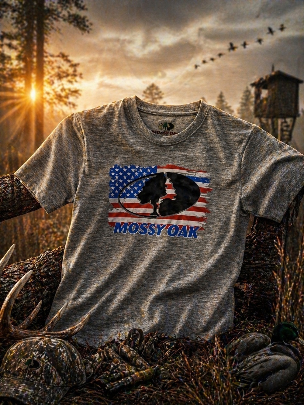 Mossy Oak Gray Kids T-Shirt American Flag Logo